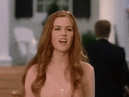 Movie gif. Walking backwards, Isla Fisher as Gloria in Wedding Crashers mouths "I love you," presses her hands to her chest and looks skyward and then turns around.
