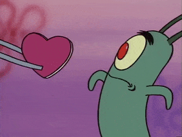 SpongeBob SquarePants gif. Plankton reaches out to accept a pink heart, given to him by someone out of frame, and appears surprised and bashful.