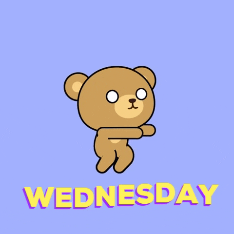 Digital art gif. Cute cartoon bear does a thrusting "hump" dance on a blue background, yellow text with a purple outline reading “Wednesday” waving below them.