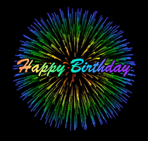 Text gif. Rainbow script text in the foreground of rainbow-colored exploding fireworks on a black background, "Happy birthday."