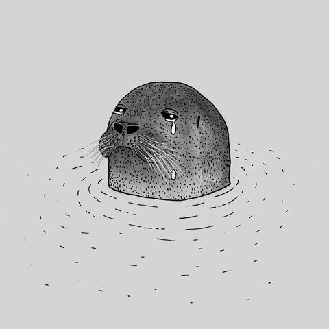 Illustrated gif. Tears stream down the face of a seal as it holds it head above the rippling water surrounding it.