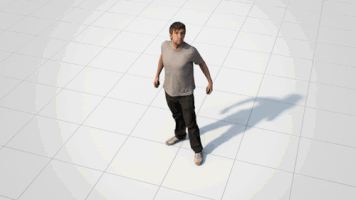 Digital art gif. 3-D rendered standing man collapses suddenly onto the white gridded floor, his body quivering as if he is made of rubber.