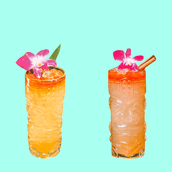 Photo gif. Two fruity cocktail drinks in tiki glass cups clink together. Text, “Friday.”