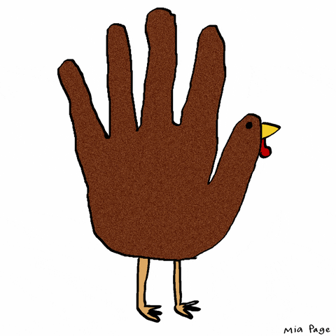 Cartoon gif. A crudely-drawn animation of a walking "hand turkey" with jittery outlines.