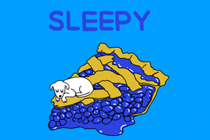 Illustrated gif. A white dog blinks as it rests on an oozy slice of blueberry pie. Text, "Sleepy."