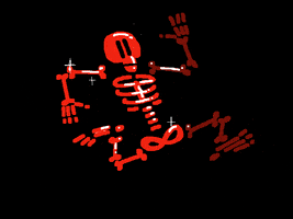 Illustrated gif. A red, sparkling skeleton running against a black background.