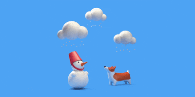 Digital art gif. Three clouds in a blue sky drop snow on a snowman wearing a bucket on its head and a dog wagging its tail.