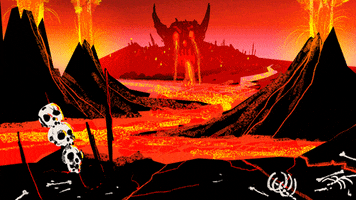 Digital art gif. A scene of a burning landscape, filled with a river of molten lava, bones, and volcanos, all leading to a huge mountain in the back with a skull face that cries lava.