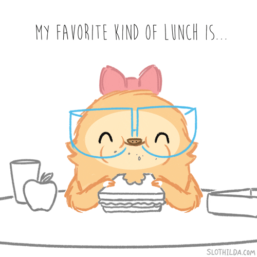 Kawaii gif. A fluffy brown duck with glasses and a hair bow sits alone, eating at a lunch table. A close-up of the duck includes the text, "My favorite kind of lunch is..." which changes to "...by myself," as we zoom out to see that the rest of the lunch table is completely vacant.