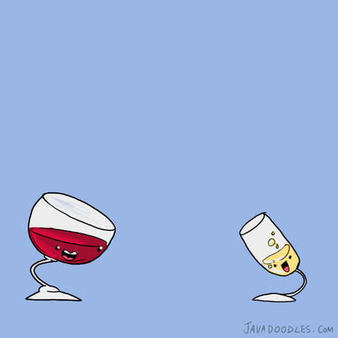 Illustrated gif. Glass of red wine and a champagne flute, with smiling faces, leap in and bump each other, spilling droplets.