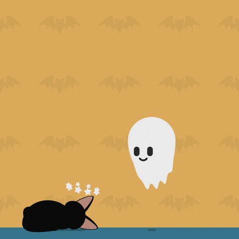 Illustrated gif. Black cat lays on its side napping, while a white ghost floating above breathes to wake it up. The ghost promptly turns into a white mouse, which the cat begins to pounce on, then turns back into a big ghost to scare the cat.