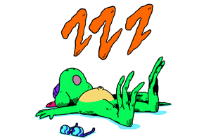Illustrated gif. A green lizard lying on its back, asleep and snoring. Text, "z z z."