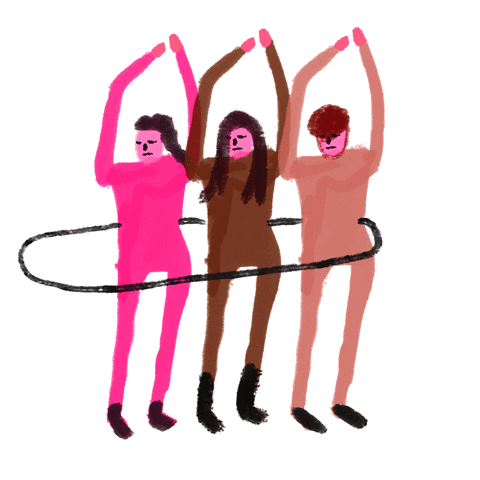Illustration gif. Three people hula-hooping in unison inside of one hoop, with their arms raised over their heads.