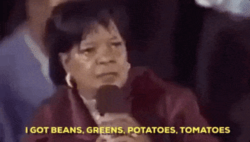 Celebrity gif. Gospel singer Shirey Caesar says into a microphone as she counts her fingers, “I got beans, greens, potatoes, tomatoes.”