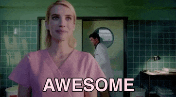 TV gif. Emma Roberts as Chanel Oberlin from Scream Queens is dressed in pink nurse scrubs as she gives a fake smile and says sarcastically, "Awesome," which appears as text.