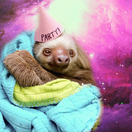 Digital art gif. A sloth wears a party hat and snuggles in a blanket as vivid images of space flash behind it.