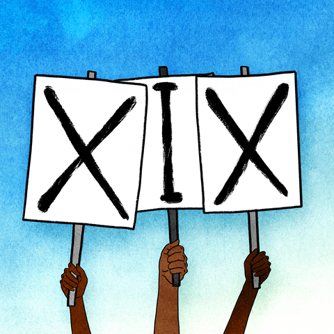 Digital art gif. Three arms belonging to people of color hoist three large white signs into the air against an ombre blue background. The signs read "XIX," or "nineteen."