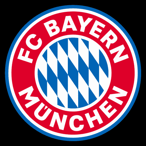 Digital art gif. Spinning circle over a black background shows the logo for the Bayern Munchen football club on one side and a silver and gold coat of arms on the other side.