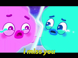 Video gif. Two separated blobs cry, reaching out for each other. Text, “I miss you.”
