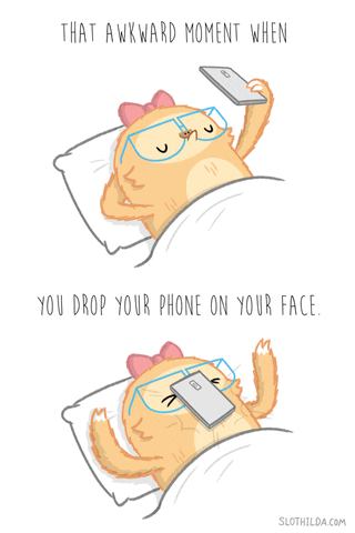 Digital illustration gif. Comic-strip style illustration of a chicken wearing glasses and a pink bow holds up her phone in bed to read something on screen, then drops it on her face. Text, "That awkward moment when you drop your phone on your face."