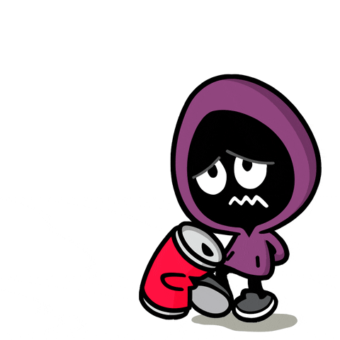 Cartoon gif. A little person wearing a purple hoodie with the hood over his head. His face is darkened by the hoodie and only his sad, worried expression can be seen. His hands are behind his back and he kicks a dented can of soda into the air. 