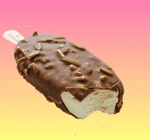 Kawaii gif. A superimposed floating vanilla ice cream popsicle bar, coated with chocolate and nuts, bobs up and down with a bite taken out of it.