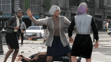 Video game gif. Scene from Watch Dogs: Legion. The city is in chaos with debris everywhere and a woman slaps another woman across the face.