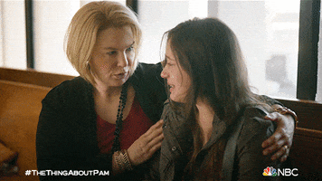 TV gif. Renée Zellweger as Pam in The Thing About Pam comforts a sobbing Gideon Adlon as Mariah. Pam sits with an arm around Mariah and pats her shoulder.