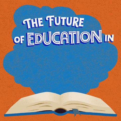 Digital art gif. Blue cloud hovers over an open book against an orange background. Text, “El futuro de la educacion en Arizona esta en la papeleta.”