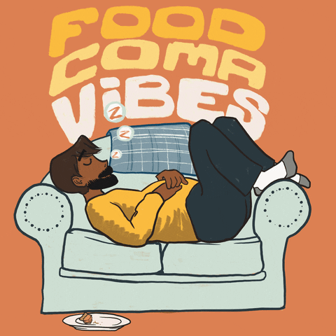 Illustrated gif. A man curled up on a loveseat beside an empty plate sleeps peacefully. Text, “Food coma vibes.”