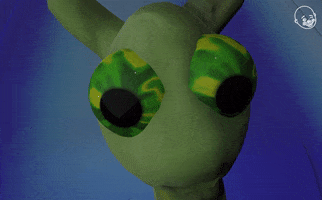 Digital art gif. Strange green creature lowers its ears as globby tears fall out of its green lava colored eyes.