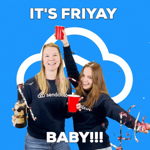Ad gif. Wearing Sendcloud shirts in front of the Sendcloud logo, two women dance, holding red plastic cups and a bottle of champagne. Text, “It’s Friyay baby!!!”