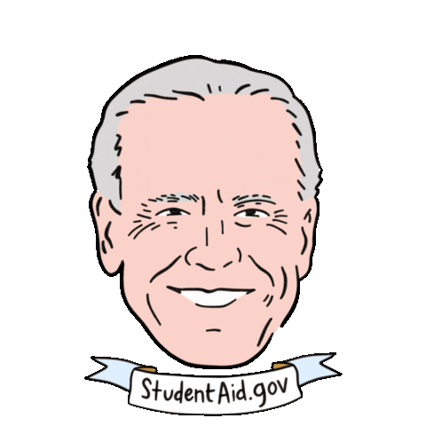 Illustrated gif. Joe Biden's smiling face, his signature Aviator sunglasses fall in, perfectly into place, the lenses glimmer with the message "Student debt relief is here," a banner below reading, "Student-Aid-dot-gov."