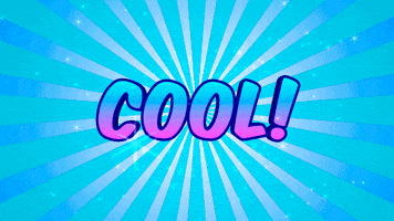 Text reads, "Cool!" against a shining background with rotating purple and blue lines shooting out from the center.