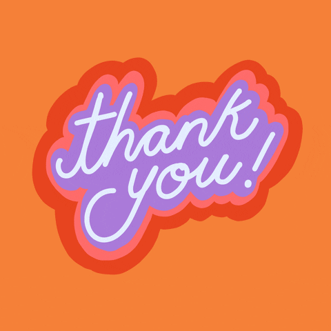 Text gif. Text, "Thank you!" is written in cursive and flashes in the middle with orange, purple, and pink outlining it.