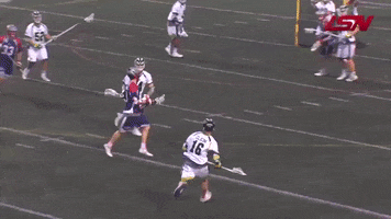 Sports gif. Tim Edwards of the Major League Lacrosse team The Boston Cannons stealthily avoids his opponents’ defense and scores a goal.