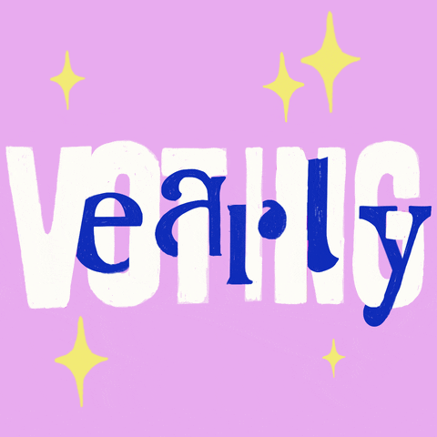 Illustrated gif. White and blue graphic letters entwined together on a pink, sparkling background. Text, "Early voting."