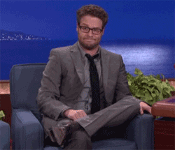 Celebrity gif. Seth Rogan is wearing a suit and is being interviewed on Conan. He puts his arms out and shrugs while giving an open mouthed grin.