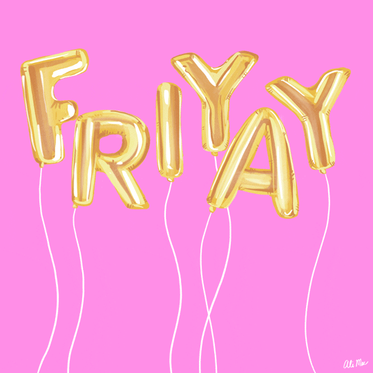 Digital art gif. Shiny golden balloons bounce around a bit as they spell out the word "Friyay".