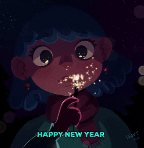 Cartoon gif. As fireworks go off in the background, a smiling blue-haired girl draws a glowing heart with the tip of a sparkler. Text, "Happy New Year."