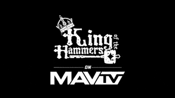 Text gif. On a black background with a crown on top and a long key on the bottom, the text, "King of the Hammers on MAVTV" is written in white.