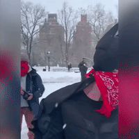 Man Dressed as Batman Joins Snowball Fight in New York