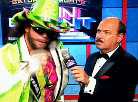 TV gif. Randy Savage wears sunglasses and a green cowboy hat as he stands near a man holding a microphone. He tosses the sunglasses and gazes with wide eyes at us. Text, "You know something? Maybe I am insane."