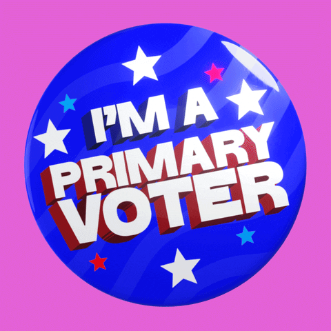 Digital art gif. A 3D rendering of a blue political button on a pink background that says, "I'm a primary voter."