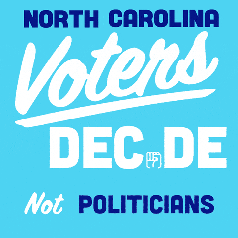 Digital art gif. White and royal blue signwriting font on a cyan background, a fist in the place of the I. Text, "North Carolina voters decide, not politicians."