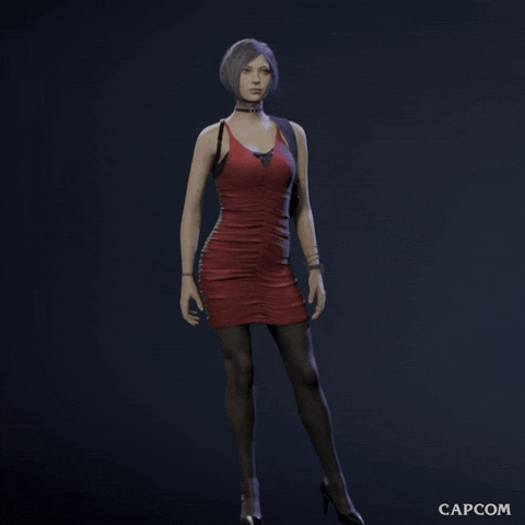 Video game gif. Ada Wong from Resident Evil Village blows a kiss at us wearing a form-fitting short dress with black tights and black stilettos. 