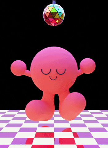 Digital art gif. Spherical pink figure taps its chunky feet on a checkered dance floor below a spinning rainbow-colored disco ball.