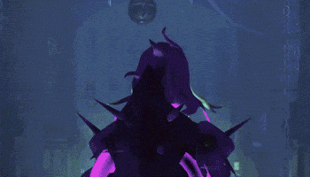 Video game gif. Banshee Moira from Overwatch is facing away from us and suddenly turns around in an attempt to scare us while lightning crackles behind her.