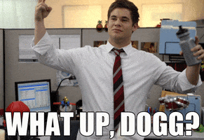 TV gif. Adam Devine as Adam in Workaholics raises a peace sign in greeting. Text, "What up dogg?"