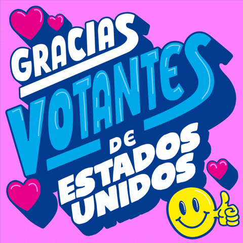 Text gif. Giant white and blue 3D block letters continuously flex against a bubblegum pink background, with a yellow smiley face giving a thumbs up and 3D hearts all around. Text, in Spanish, "Gracias votantes de estados unidos."
